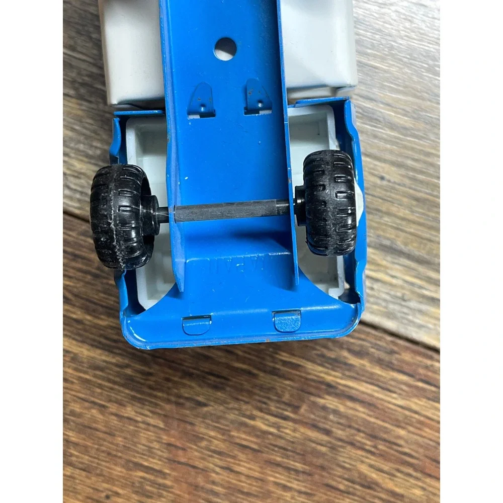 Vintage Tin Litho Garbage Truck Toy Blue and White Made in Japan Dump Truck